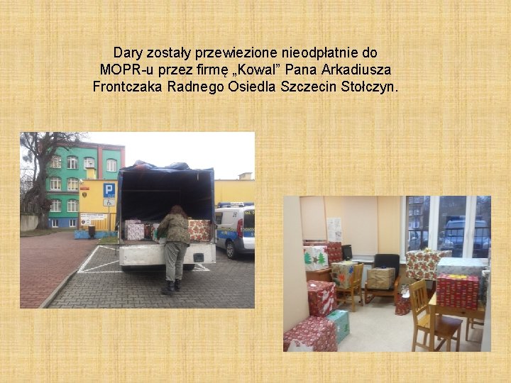 Dary zostały przewiezione nieodpłatnie do MOPR-u przez firmę „Kowal” Pana Arkadiusza Frontczaka Radnego Osiedla
