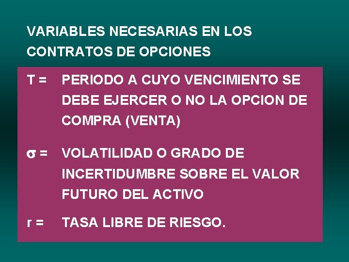 VARIABLES NECESARIAS EN LOS CONTRATOS DE OPCIONES T= PERIODO A CUYO VENCIMIENTO SE DEBE