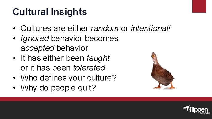 Cultural Insights • Cultures are either random or intentional! • Ignored behavior becomes accepted