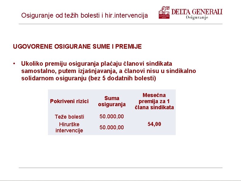 Osiguranje od težih bolesti i hir. intervencija UGOVORENE OSIGURANE SUME I PREMIJE • Ukoliko