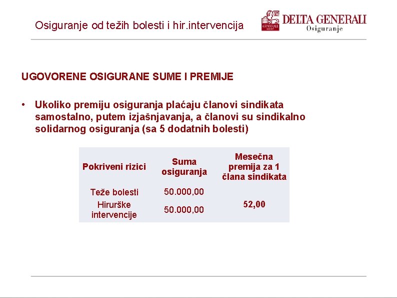 Osiguranje od težih bolesti i hir. intervencija UGOVORENE OSIGURANE SUME I PREMIJE • Ukoliko
