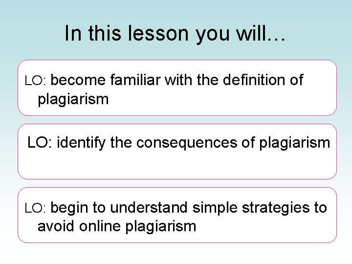 In this lesson you will… LO: become familiar with the definition of plagiarism LO: