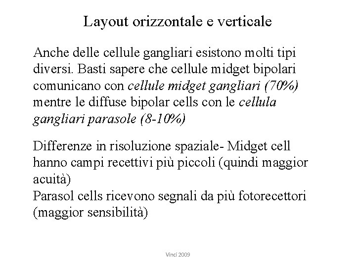 Layout orizzontale e verticale Anche delle cellule gangliari esistono molti tipi diversi. Basti sapere