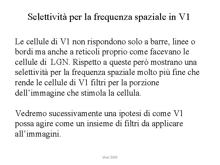 Selettività per la frequenza spaziale in V 1 Le cellule di V 1 non