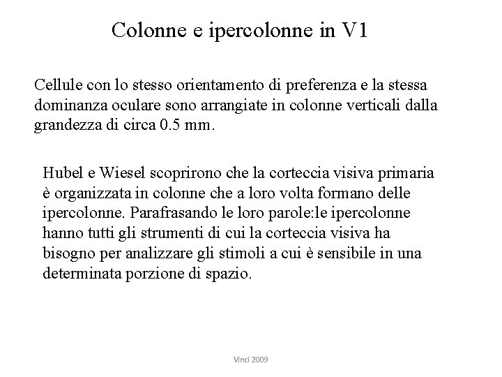 Colonne e ipercolonne in V 1 Cellule con lo stesso orientamento di preferenza e