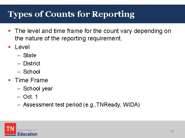 Types of Counts for Reporting § The level and time frame for the count Types of Counts for Reporting § The level and time frame for the count