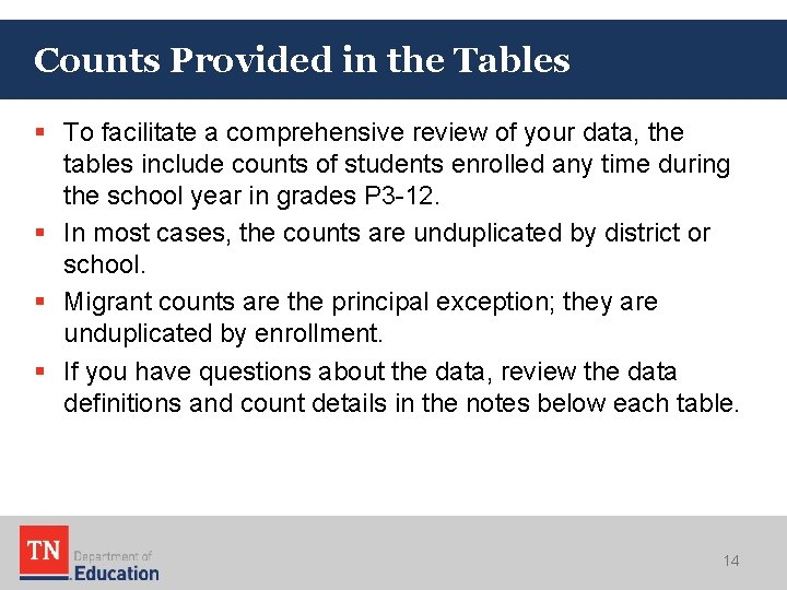 Counts Provided in the Tables § To facilitate a comprehensive review of your data, Counts Provided in the Tables § To facilitate a comprehensive review of your data,