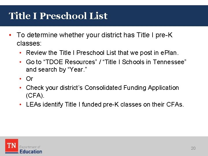 Title I Preschool List • To determine whether your district has Title I pre-K Title I Preschool List • To determine whether your district has Title I pre-K