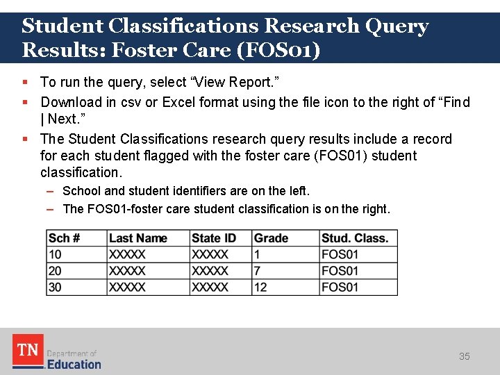 Student Classifications Research Query Results: Foster Care (FOS 01) § To run the query, Student Classifications Research Query Results: Foster Care (FOS 01) § To run the query,