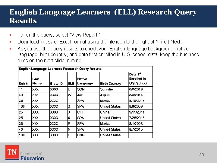 English Language Learners (ELL) Research Query Results § § § To run the query, English Language Learners (ELL) Research Query Results § § § To run the query,