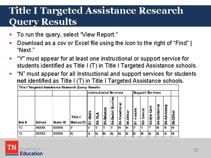 Title I Targeted Assistance Research Query Results § To run the query, select “View Title I Targeted Assistance Research Query Results § To run the query, select “View