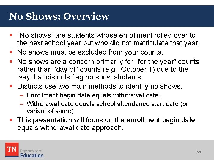 No Shows: Overview § “No shows” are students whose enrollment rolled over to the No Shows: Overview § “No shows” are students whose enrollment rolled over to the