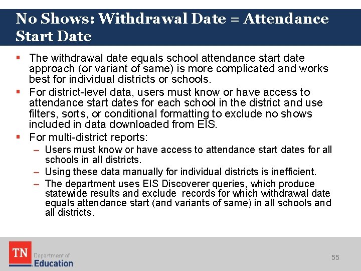 No Shows: Withdrawal Date = Attendance Start Date § The withdrawal date equals school No Shows: Withdrawal Date = Attendance Start Date § The withdrawal date equals school