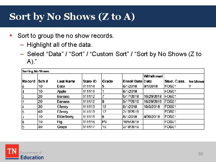 Sort by No Shows (Z to A) § Sort to group the no show Sort by No Shows (Z to A) § Sort to group the no show