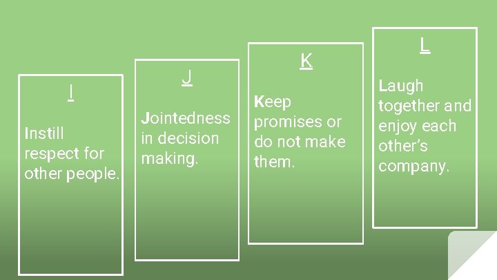 I Instill respect for other people. J Jointedness in decision making. K Keep promises