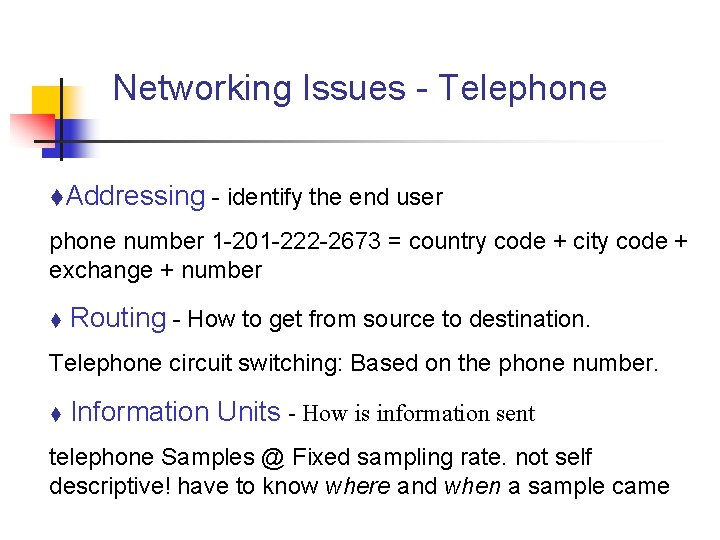 Networking Issues - Telephone t. Addressing - identify the end user phone number 1 Networking Issues - Telephone t. Addressing - identify the end user phone number 1