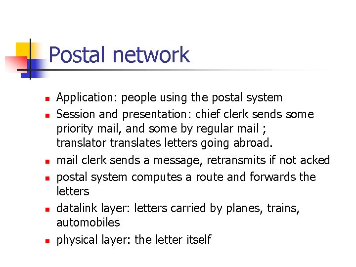 Postal network n n n Application: people using the postal system Session and presentation: Postal network n n n Application: people using the postal system Session and presentation: