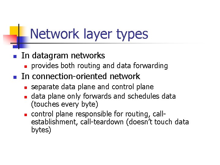Network layer types n In datagram networks n n provides both routing and data Network layer types n In datagram networks n n provides both routing and data