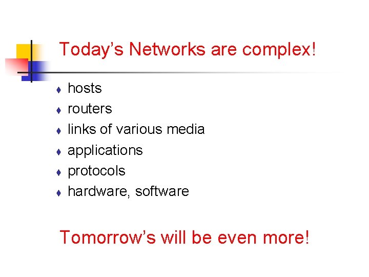 Today’s Networks are complex! t t t hosts routers links of various media applications Today’s Networks are complex! t t t hosts routers links of various media applications