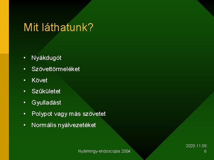 Mit láthatunk? • Nyákdugót • Szövettörmeléket • Követ • Szűkületet • Gyulladást • Polypot