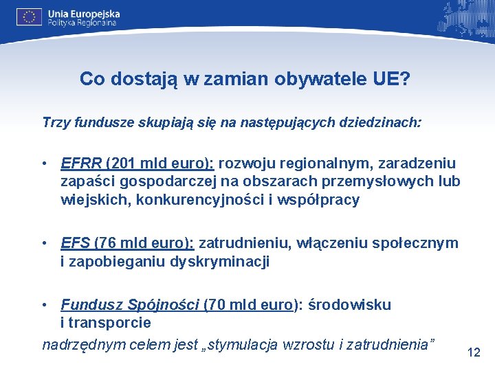 Co dostają w zamian obywatele UE? Trzy fundusze skupiają się na następujących dziedzinach: •