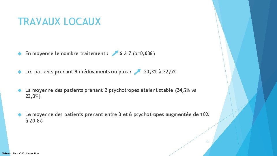 TRAVAUX LOCAUX En moyenne le nombre traitement : 6 à 7 (p=0, 036) Les