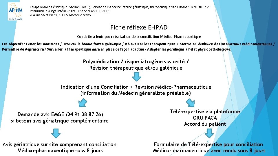 Equipe Mobile Gériatrique Externe (EMGE), Service de médecine interne gériatrique, thérapeutique site Timone :