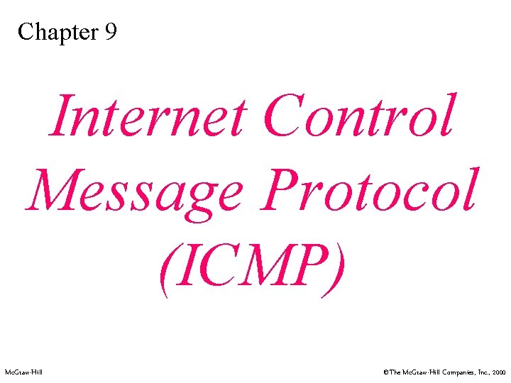 Chapter 9 Internet Control Message Protocol (ICMP) Mc. Graw-Hill ©The Mc. Graw-Hill Companies, Inc.