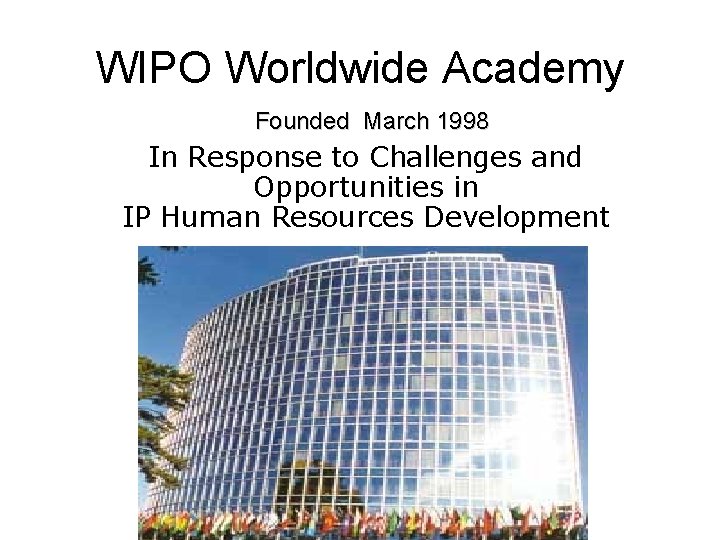 WIPO Worldwide Academy Founded March 1998 In Response to Challenges and Opportunities in IP