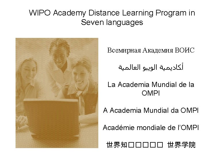 WIPO Academy Distance Learning Program in Seven languages Всемирная Академия ВОИС ﺍﻟﻌﺎﻟﻤﻴﺔ ﺍﻟﻮﻳﺒﻮ ﺃﻜﺎﺩﻳﻤﻴﺔ