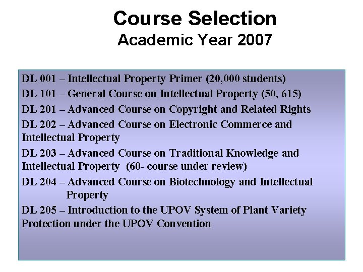 Course Selection Academic Year 2007 DL 001 – Intellectual Property Primer (20, 000 students)