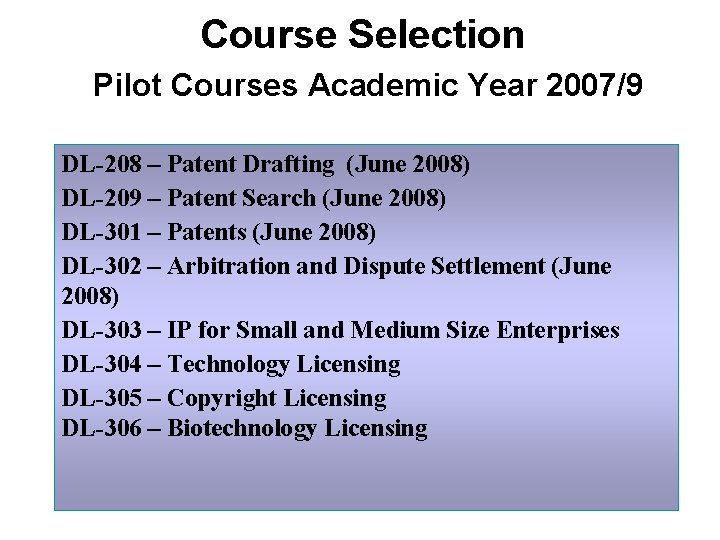 Course Selection Pilot Courses Academic Year 2007/9 DL-208 – Patent Drafting (June 2008) DL-209