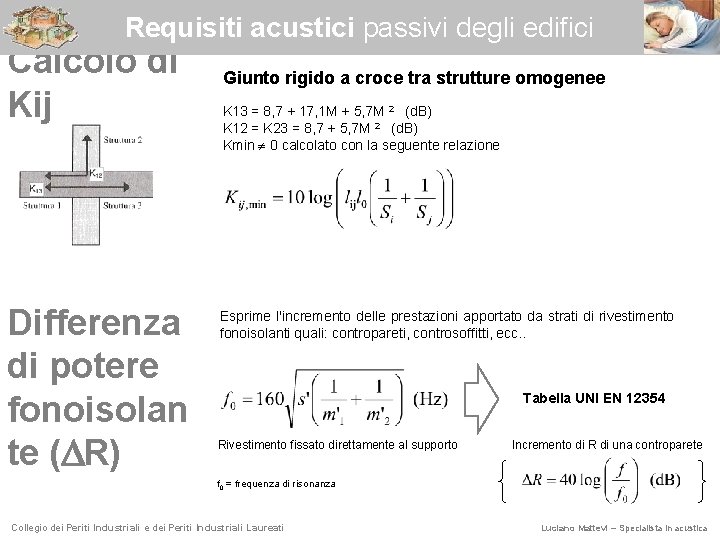 Requisiti acustici passivi degli edifici Calcolo di Kij Differenza di potere fonoisolan te (