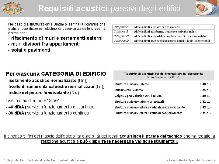 Requisiti acustici passivi degli edifici Nel caso di ristrutturazioni il Sindaco, sentita la commissione