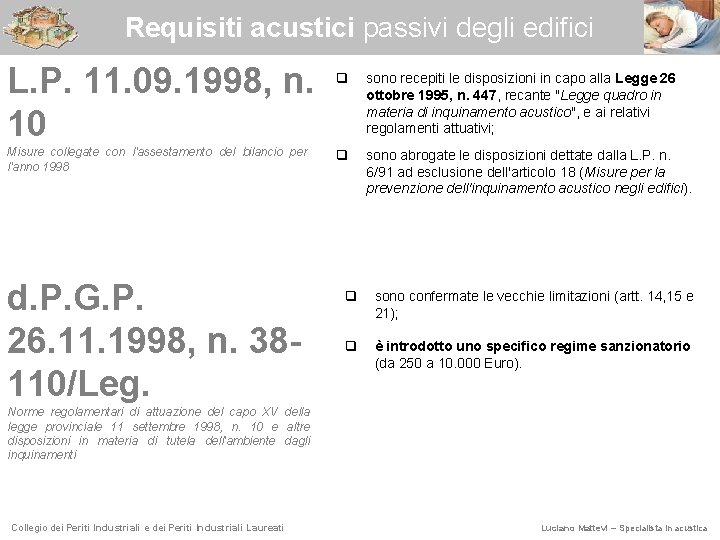 Requisiti acustici passivi degli edifici L. P. 11. 09. 1998, n. 10 Misure collegate