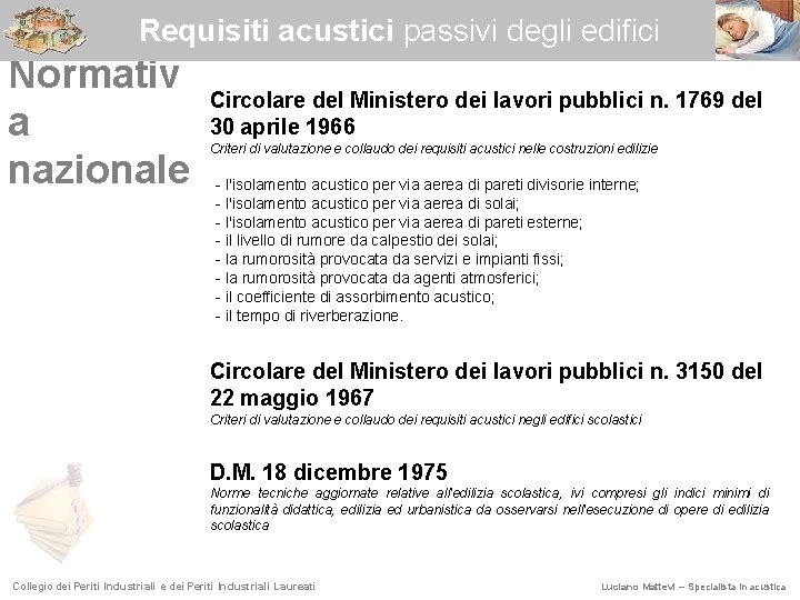 Requisiti acustici passivi degli edifici Normativ a nazionale Circolare del Ministero dei lavori pubblici