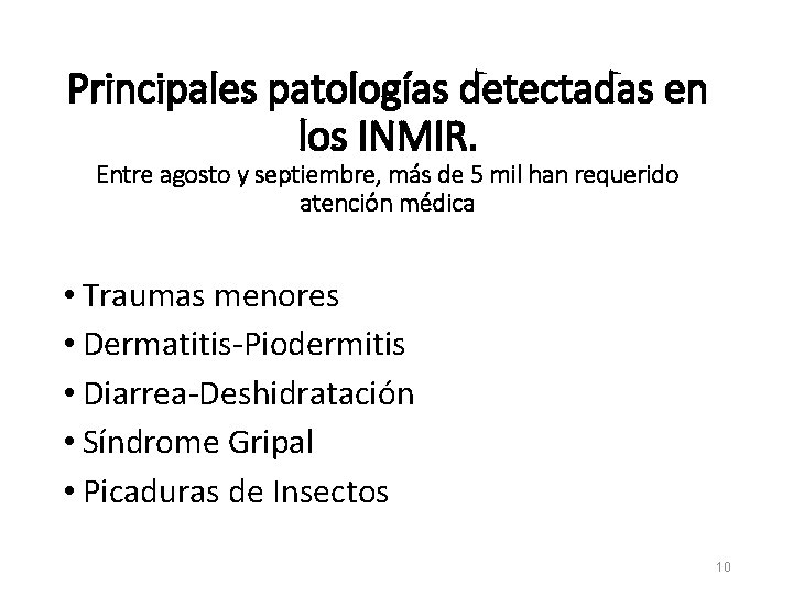 Principales patologías detectadas en los INMIR. Entre agosto y septiembre, más de 5 mil
