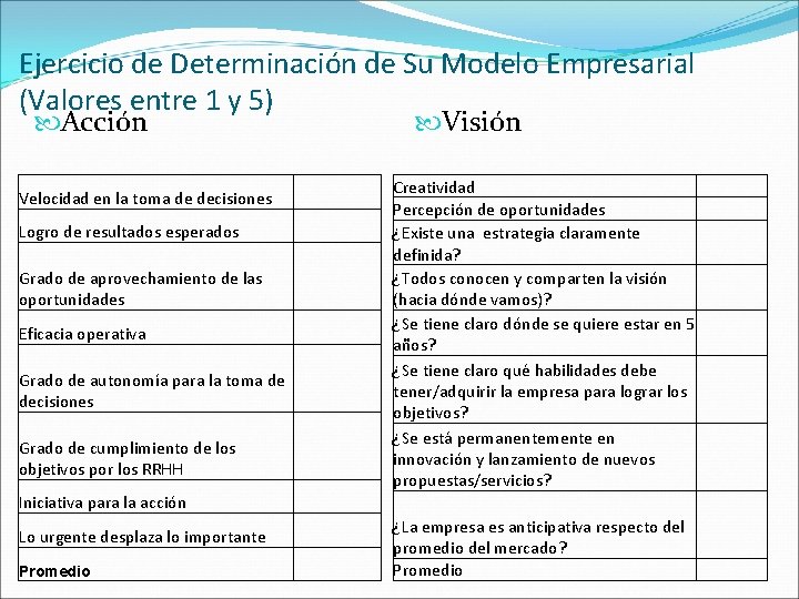 Ejercicio de Determinación de Su Modelo Empresarial (Valores entre 1 y 5) Acción Visión