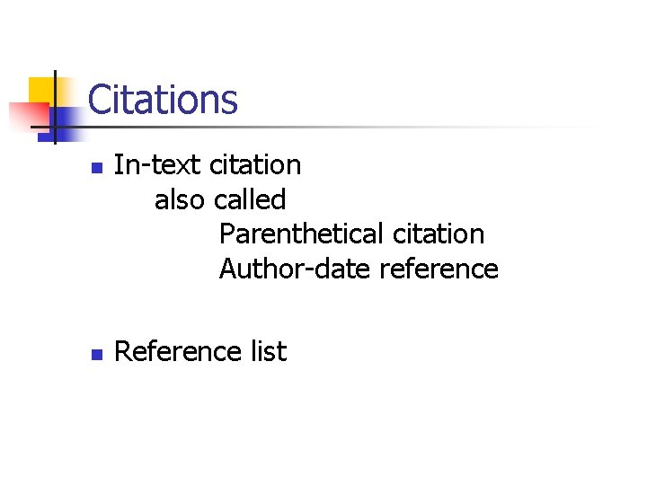 Citations n n In-text citation also called Parenthetical citation Author-date reference Reference list 