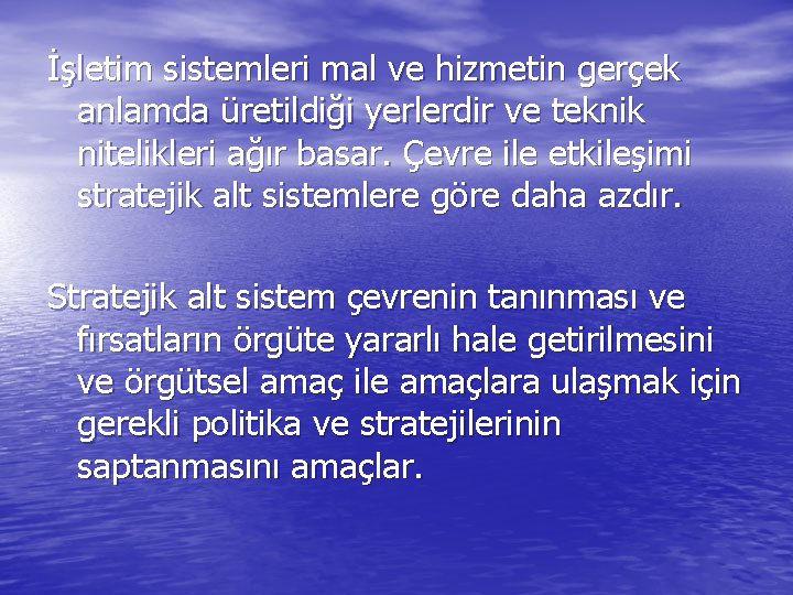 İşletim sistemleri mal ve hizmetin gerçek anlamda üretildiği yerlerdir ve teknik nitelikleri ağır basar.