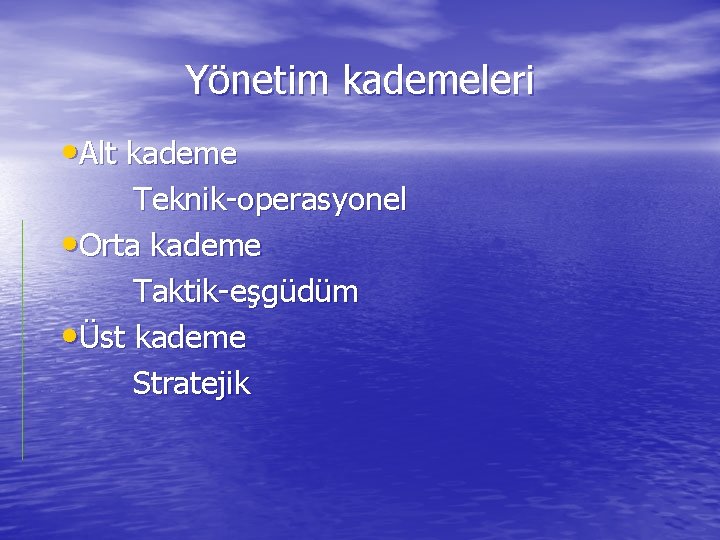 Yönetim kademeleri • Alt kademe Teknik-operasyonel • Orta kademe Taktik-eşgüdüm • Üst kademe Stratejik