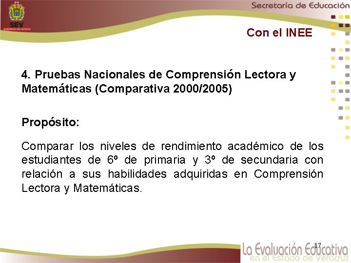 Con el INEE 4. Pruebas Nacionales de Comprensión Lectora y Matemáticas (Comparativa 2000/2005) Propósito: