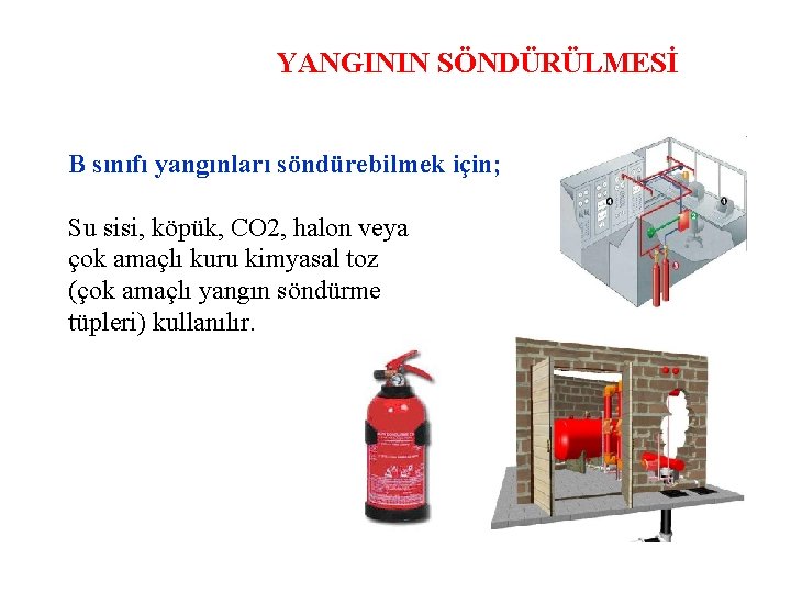 YANGININ SÖNDÜRÜLMESİ B sınıfı yangınları söndürebilmek için; Su sisi, köpük, CO 2, halon veya