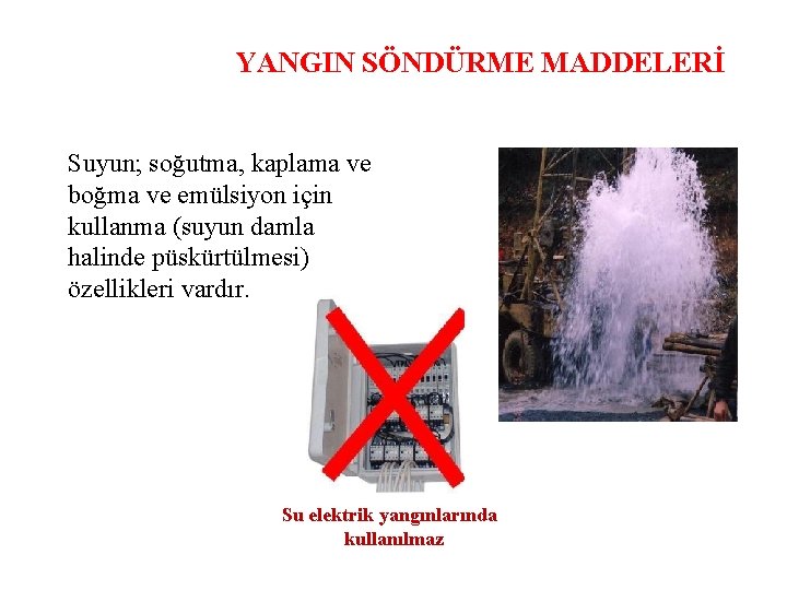 YANGIN SÖNDÜRME MADDELERİ Suyun; soğutma, kaplama ve boğma ve emülsiyon için kullanma (suyun damla