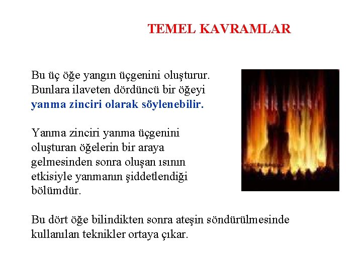 TEMEL KAVRAMLAR Bu üç öğe yangın üçgenini oluşturur. Bunlara ilaveten dördüncü bir öğeyi yanma