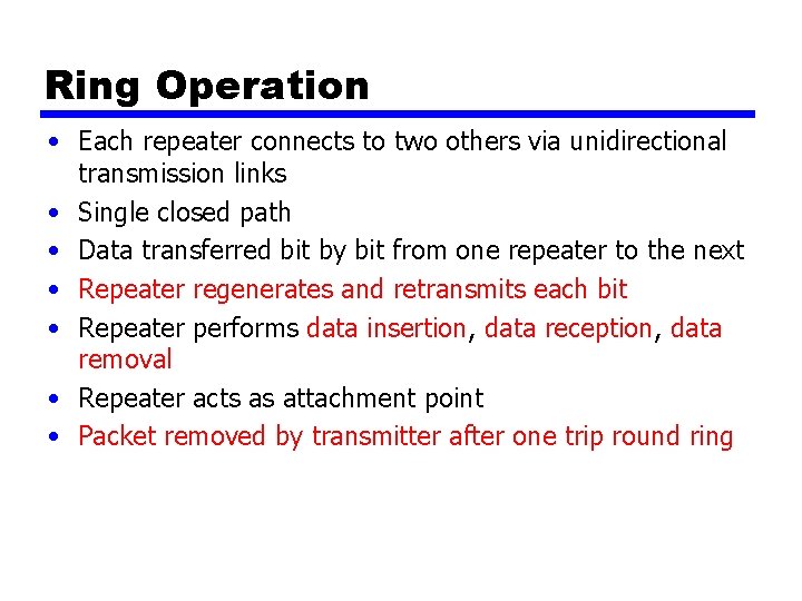 Ring Operation • Each repeater connects to two others via unidirectional transmission links •