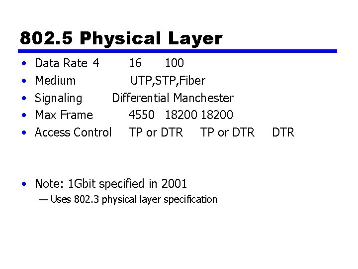 802. 5 Physical Layer • • • Data Rate 4 16 100 Medium UTP,