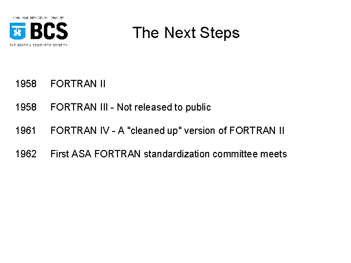 The Next Steps 1958 FORTRAN III - Not released to public 1961 FORTRAN IV