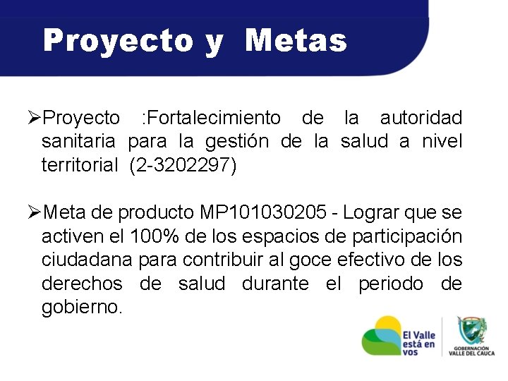 Proyecto y Metas Proyecto : Fortalecimiento de la autoridad sanitaria para la gestión de