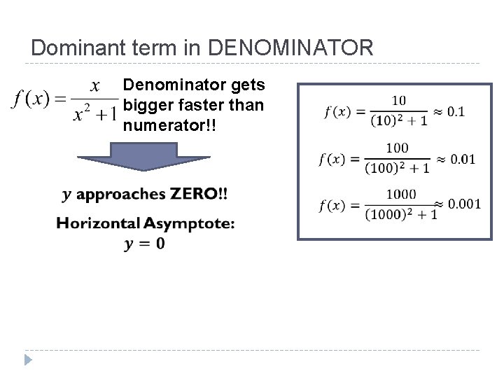 Dominant term in DENOMINATOR Denominator gets bigger faster than numerator!! 